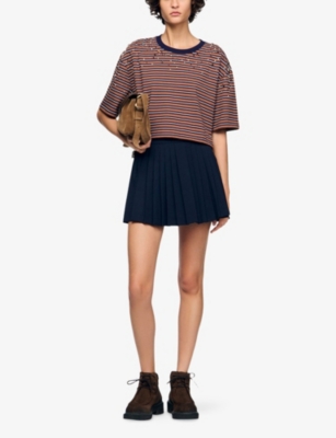 SANDRO: Rhinestone-Embellished Striped Boxy Cotton T-Shirt