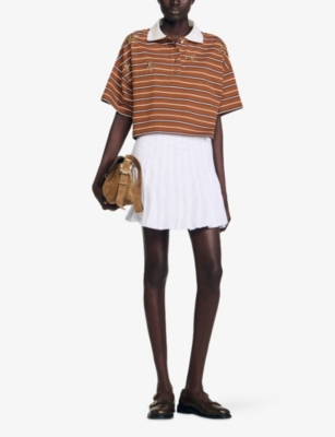 Sandro Womens Brown Striped Polo-collar Cotton-jersey T-shirt In Brown
