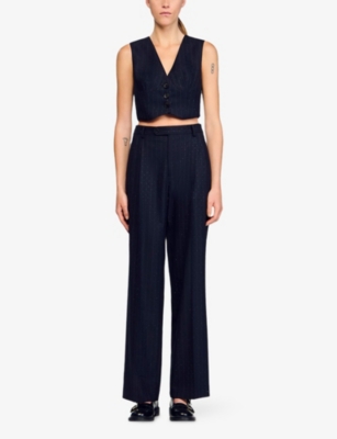 Sandro Womens Navy Blue Rhinestone-embellished Striped Stretch-wool Trousers In Blue