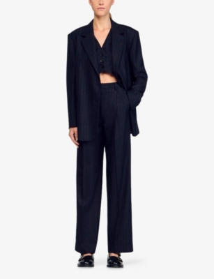 Sandro Womens Navy Blue Rhinestone-embellished Single-breasted Stretch-wool Blazer In Blue