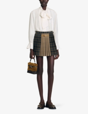 Sandro Womens Ocher / Blue Checked Pleated Woven Mini Skirt In Green