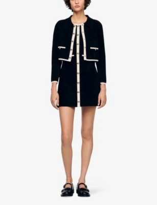 Sandro Womens Black Collared Two-tone Stretch-knit Cardigan In Black