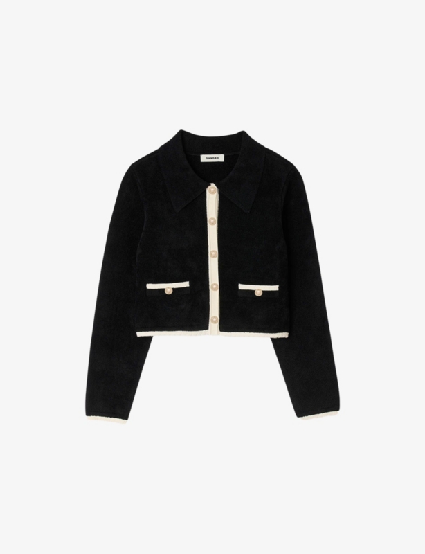 Collared Two-Tone Stretch-Knit Cardigan