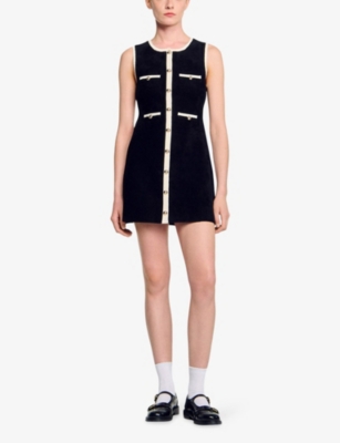 Sandro Womens Black Round-neck Button-down Stretch-velvet Mini Dress In Black
