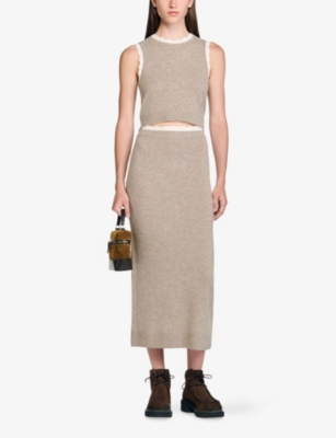 Sandro Womens Caramel Contrast-trim Wool And Cashmere Midi Skirt In Brown
