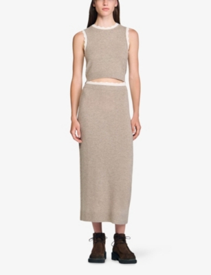 Sandro Womens Caramel Contrast-trim Wool And Cashmere Top In Brown
