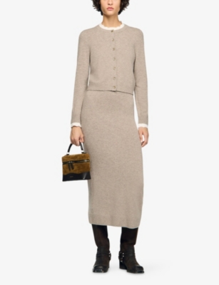Sandro Womens Caramel Contrast-trim Wool And Cashmere Cardigan In Brown