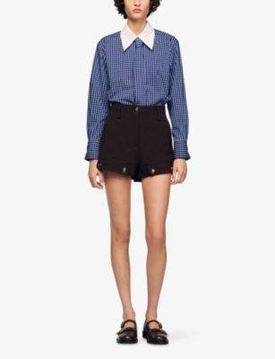 Sandro Womens Blue / Black Tie-neck Long-sleeve Checked Stretch Cotton-blend Shirt In Blue