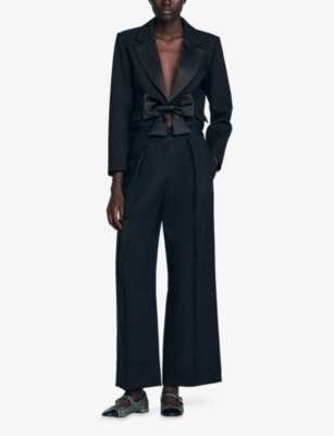 Sandro Womens Black Logo-waist Wide-leg Wool Trousers In Black
