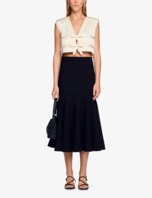 Sandro Womens Black Ruffle-hem High-rise Stretch-woven Midi Skirt In Black