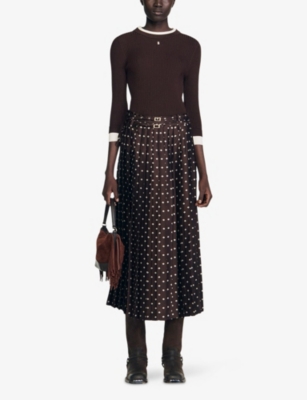 Sandro Womens Brown / White Scarf-print Belted-waist Woven Maxi Skirt In Brown