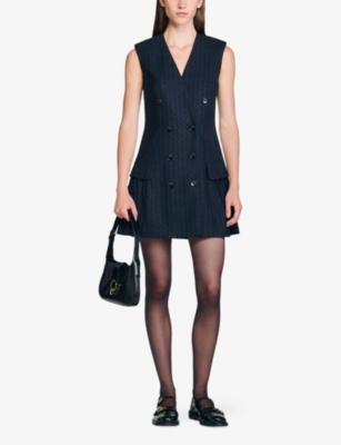 Sandro Womens Navy Blue Rhinestone-embellished Double-breasted Stretch Wool-blend Mini Dress In Black