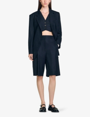 Sandro Womens Navy Blue Striped Rhinestone-embellished Stretch Wool-blend Shorts In Blue
