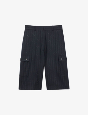 Sandro Womens Navy Blue Striped Rhinestone-embellished Stretch Wool-blend Shorts