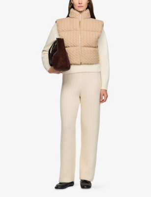 Sandro Womens Beige Short Sleeveless Cable-knit Wool Puffer Jacket In Nude