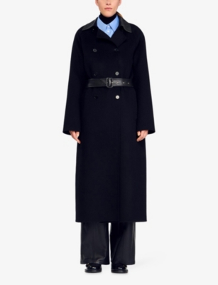 SANDRO: Leather-Collar Double-Breasted Wool Coat