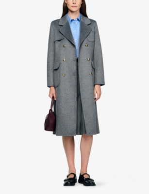 Sandro Womens Grey Double-breasted Tie-belt Wool-blend Coat In Gray