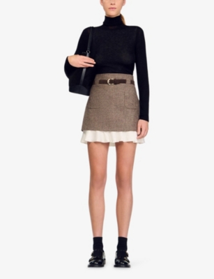 Sandro Womens Brown Checked High-rise Stretch Wool-blend Mini Skirt In Brown