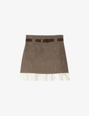 Sandro Womens Brown Checked High-rise Stretch Wool-blend Mini Skirt In Brown