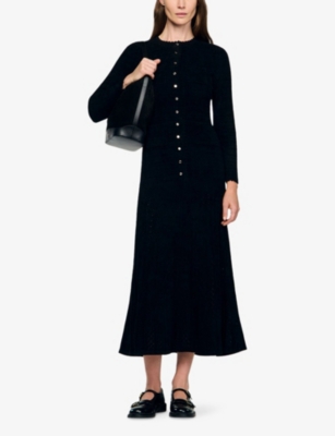 Sandro Womens Black Round-neck Button-down Stretch-knit Maxi Dress In Black