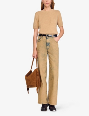 Sandro Womens Camel Logo-embroidered Short-sleeve Wool Jumper In Multi