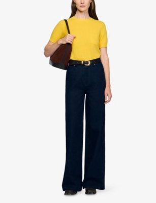 Sandro Womens Gold Yellow Logo-embroidered Short-sleeve Wool Jumper In Yellow