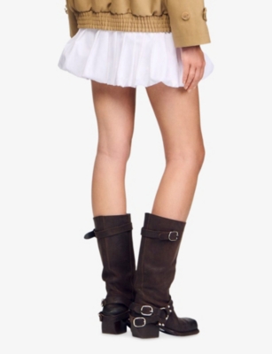 Sandro Leather Buckle Boots In Brown