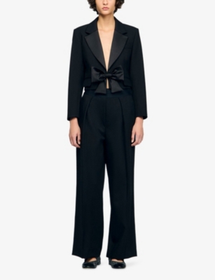 Sandro Womens Black Short Bow-embellished Satin Jacket In Black