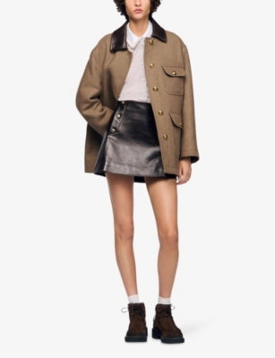 Sandro Womens Beige / White Contrast-collar Long-sleeve Checked Flannel Shirt In Animal Print