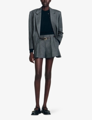 Sandro Womens Light Grey Belted-waist High-rise Pleated Stretch-woven Shorts In Gray