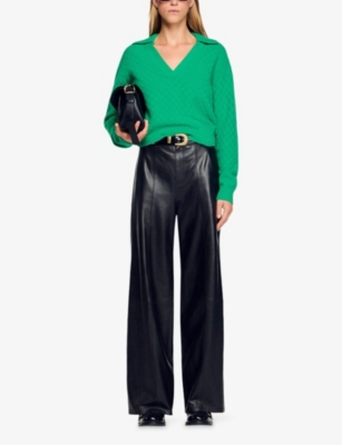 Sandro Womens Green Polo-collar Wool And Cashmere-blend Jumper In Green