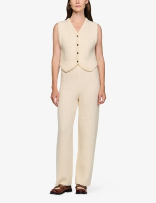 Sandro Womens Ecru Cable-knit High-rise Wool-blend Trousers In Neutral