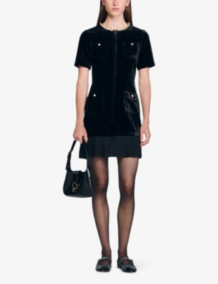 Sandro Womens Black Pearl-embellished Pleated-hem Velvet Mini Dress In Black