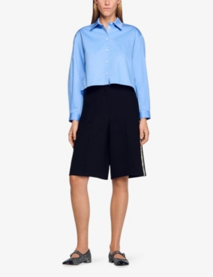 Sandro Womens Black Rhinestone-stripe Straight-leg Woven Bermuda Shorts In Black