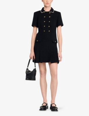Sandro Womens Black Short-sleeve Button-up Tweed Mini Dress In Black