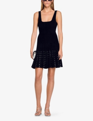 SANDRO: Rhinestone-Embellished Sleeveless Knitted Mini Dress