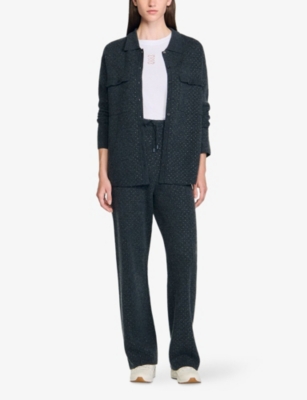 Sandro Womens Charcoal Grey Collared Rhinestone-embellished Wool And Cashmere-blend Cardigan In Black