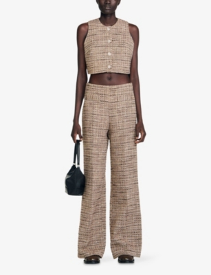 Sandro Womens Brown Tweed Wide-leg Cotton-blend Trousers In Brown