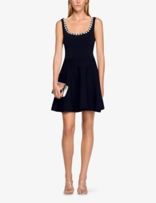 Sandro Womens Black Crystal-embellished Scoop-neck Knitted Mini Dress In Black
