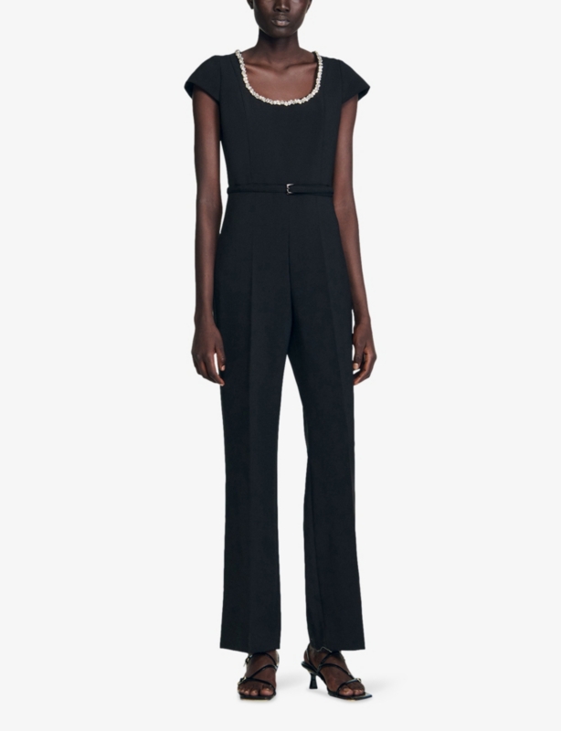 Embellished Curved-Neck Woven Jumpsuit