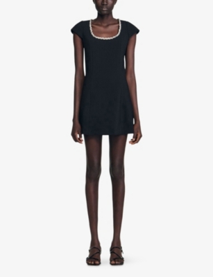 Sandro Womens Black Embellished Capped-sleeve Woven Mini Dress In Black