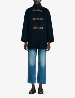 Sandro Womens Black Oversized Long-sleeve Wool Pea Coat In Black