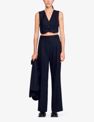 SANDRO: Striped Rhinestone-Embellished Sleeveless Stretch Wool-Blend Jacket