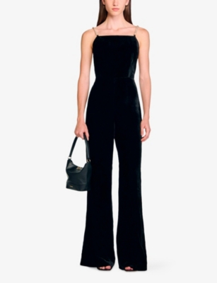 Sandro Womens  Jewel-strap Square-neck Velvet Jumpsuit In Black