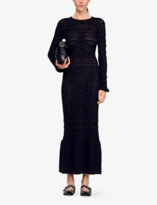Sandro Womens Black Rhinestone-embellished Knitted Wool-blend Maxi Dress In Black