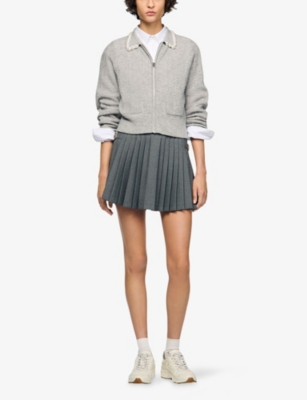 Sandro Womens Grey Zipped Beaded-collar Wool And Cashmere-blend Cardigan In Gray