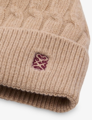 Sandro Womens Beige Logo-embroidered Cable-knit Wool And Cashmere-blend Beanie Hat In Sand