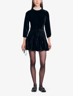 Sandro Womens Black Beaded Long-sleeve Velvet Mini Dress In Black
