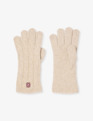 Sandro Womens Beige Logo-embroidered Cable-knit Wool And Cashmere-blend Gloves In Sand