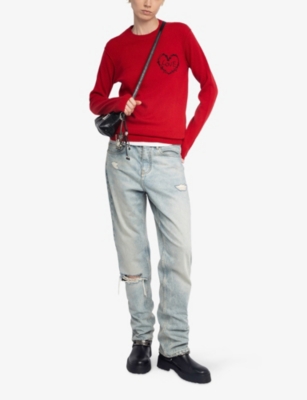 Zadig & Voltaire Womens Kendy Heart-embroidered Wool And Cashmere-blend Jumper Love In Red